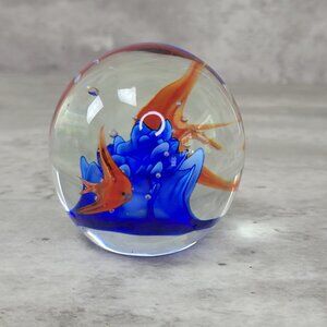 Hand Blown Glass Paperweight Aquarium Orange Fish Blue Coral Art Decor 3" Sphere